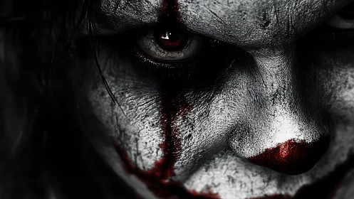 Close-up of sinister clown makeup on partially lit face.