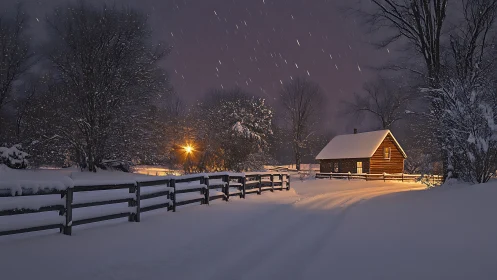Snowlit cabin glow under drifting winter constellations.