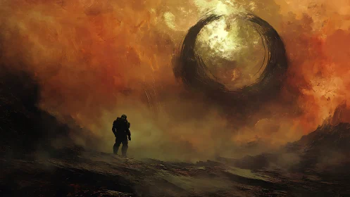 Lone astronaut confronts colossal burning portal in void