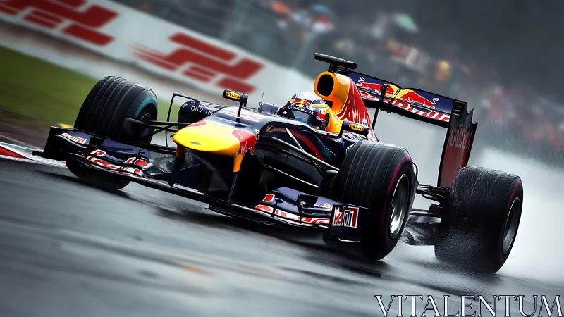 Formula 1 race car powers through wet circuit corner.