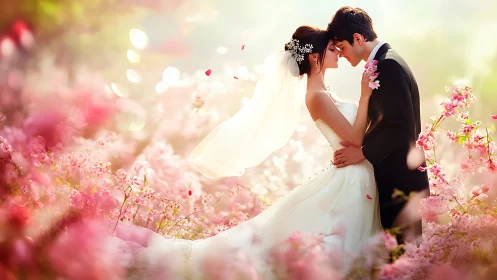 Tender spring wedding embrace amid soft pink blossoms.
