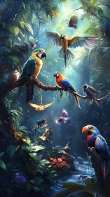 Spectral macaws in volumetric-lit rainforest canopy convergence.