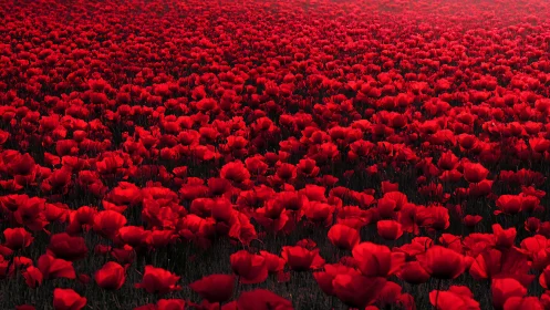 Dense red poppy field extends to the distant horizon
