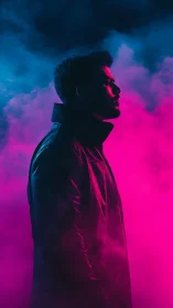Chromatic side-profile portrait in dual neon fog field.