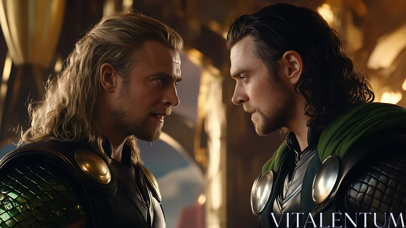 Brothers in gleaming armor share a tense, heartfelt standoff