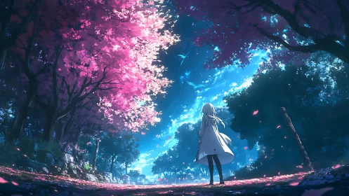 Solitary girl under luminous cherry canopy in twilight forest