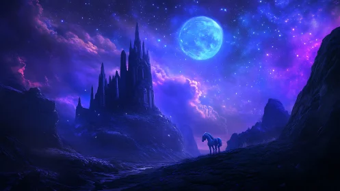 Starlit unicorn gazes toward a dreaming moonlit castle