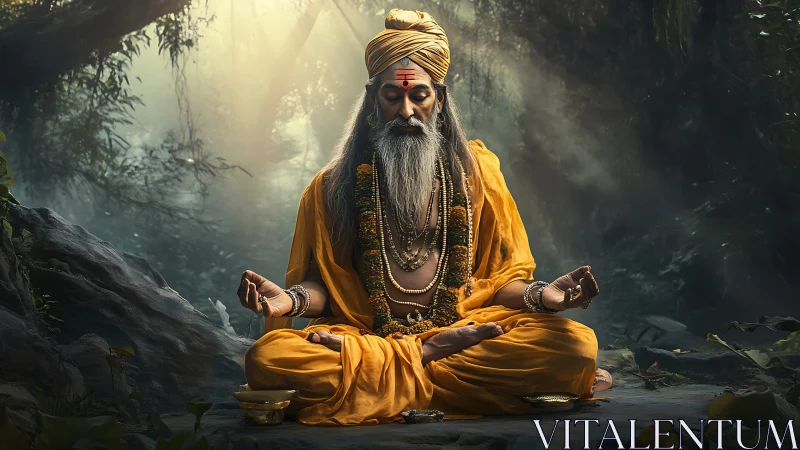 Meditating ascetic in yellow robes within dense forest setting.