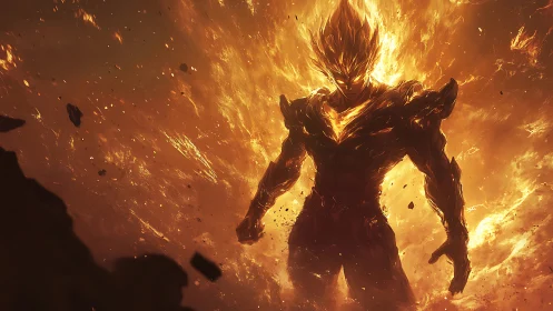 Fiery humanoid warrior emerging from blazing inferno