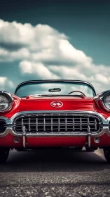Sunlit red classic convertible smiles beneath soft clouds