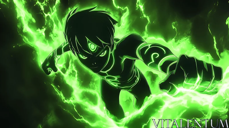 Neon green energy-empowered character in dynamic motion.