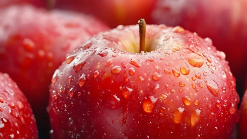 Macro optical study of dew-laden red apple epidermis surface.