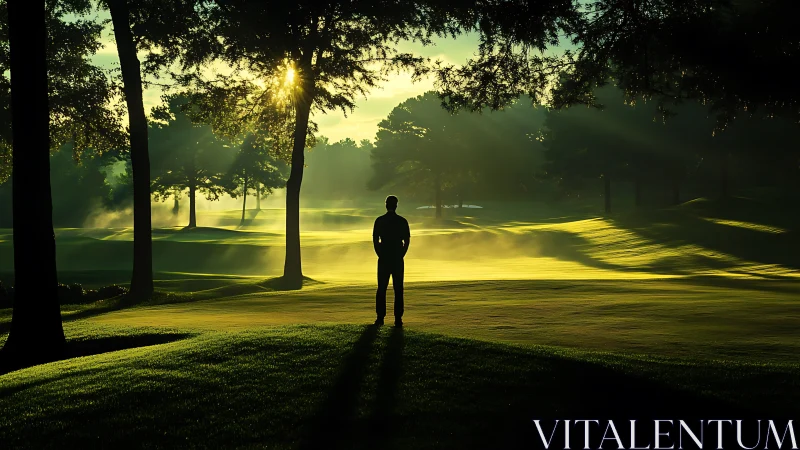 Golden sunrise welcomes a lone golfer to the misty course