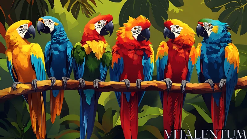 Vibrant Macaws on Jungle Branch in Colorful Digital Art Style.