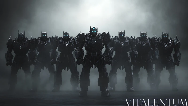 Row of armored humanoid robots in dense atmospheric fog.
