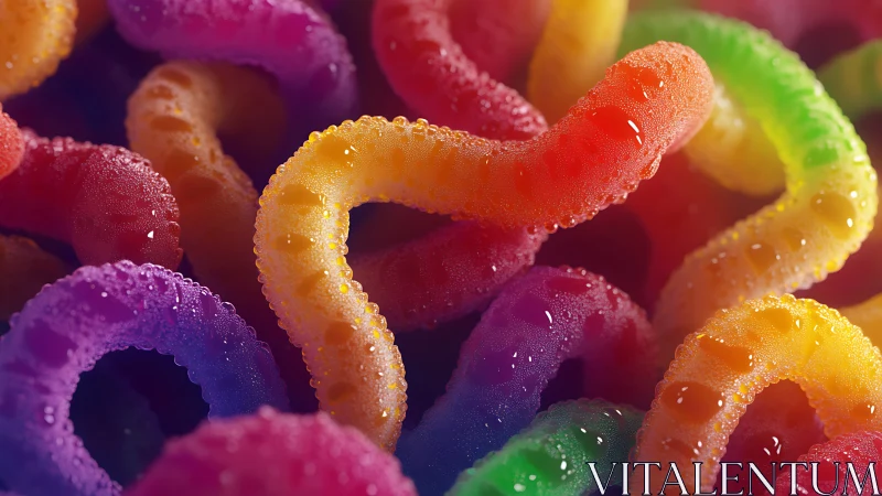 Macro photograph of gummy confectionery with granulated surface texture and vibrant coloration