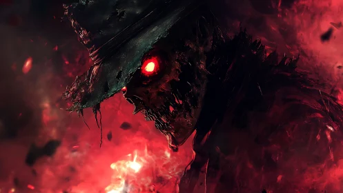 Decomposed figure with glowing red eyes in dark hat profile.