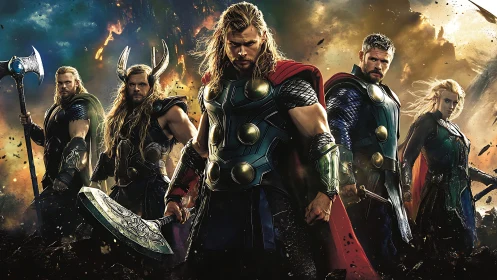 Armored fantasy warriors stand united in fiery battlefield.