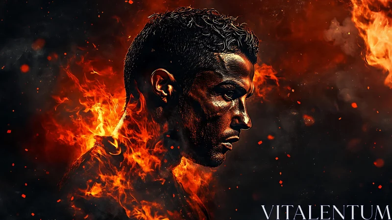 Incandescent male profile portrait engulfed in dynamic flames