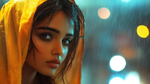 Young woman in yellow hood under nighttime rain shower.