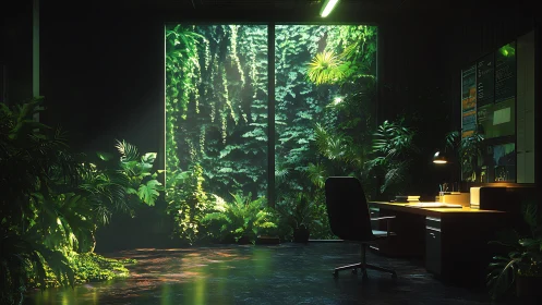 Lush office sanctuary overlooking glowing jungle window.