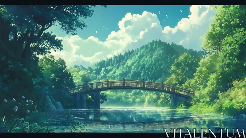 Wooden bridge over river in lush summer valley scene.