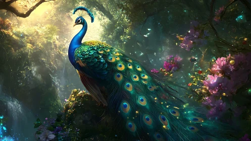 Radiant peacock rendered in luminous fantasy forest lighting