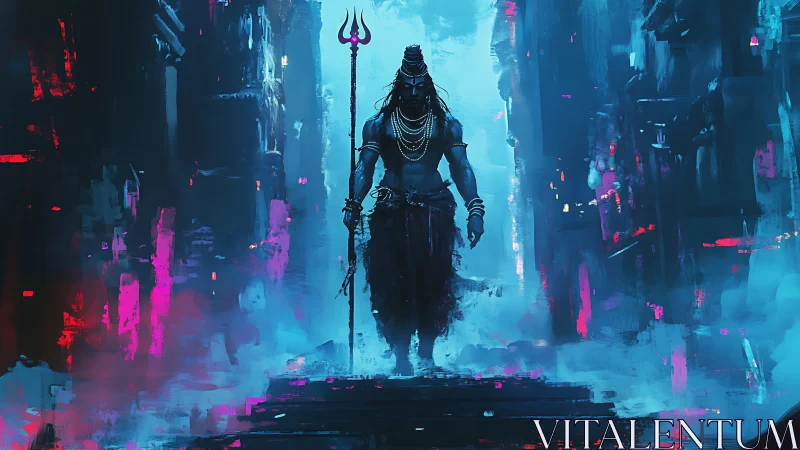 Mythic guardian strides through neon mist and midnight blue.