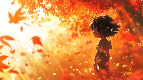 Autumn backlit anime portrait under cascading golden foliage.