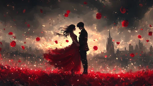 Two figures in dynamic pose with cityscape and red rose particles