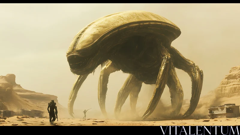 Colossal alien creature confronts soldiers on desert world.