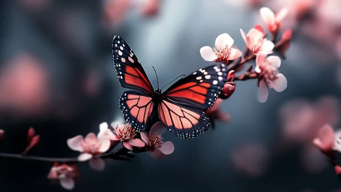 Macro study of monarch butterfly on cherry blossoms with soft bokeh