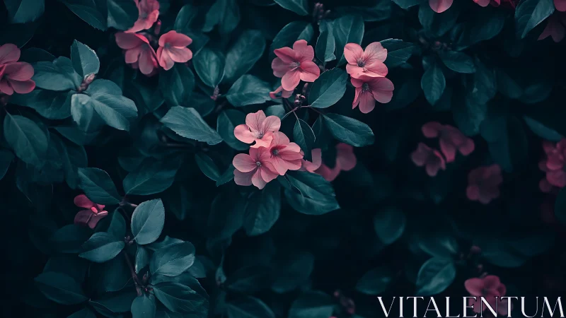 Pink flowers amid dark teal foliage with shallow depth of field.