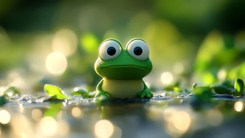 Bright-eyed little frog resting in a dreamy green pond.