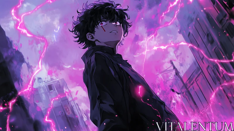 Stormlit prodigy ignites neon lightning in ruined streets.