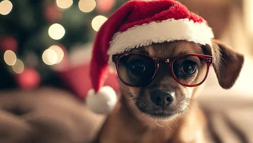 Photorealistic Christmas puppy portrait with festive bokeh styling.