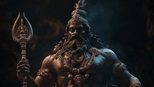 Bronze stormbearer with trident crown in sacred shadowed glow.