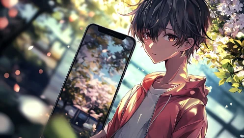 Teen boy holds smartphone under spring blossoms in sunlight