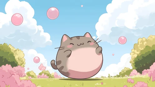 Chubby cartoon cat bounces joyfully among pink bubbles outside