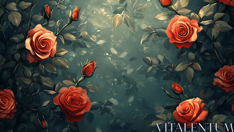 Crimson Roses in an Enchanted Garden.