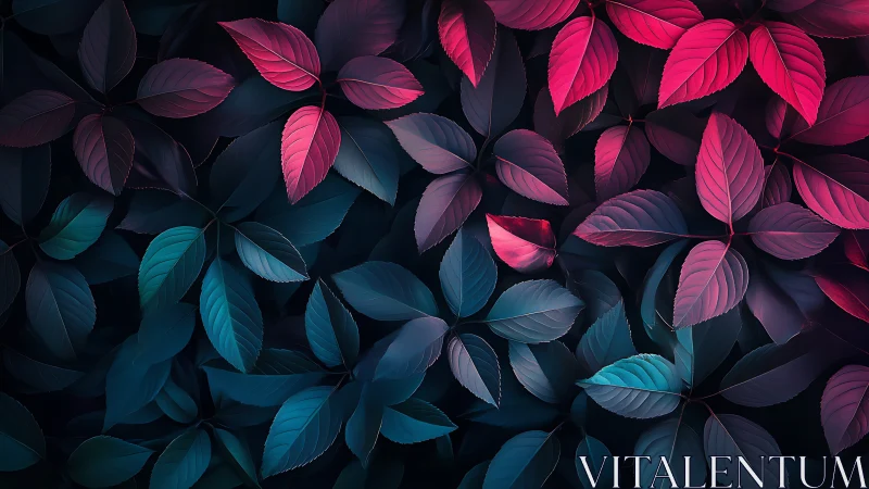 Neon forest whisper: teal and magenta leaves in twilight hush.