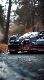 Low-angle front view of luxury sports car on forest road.