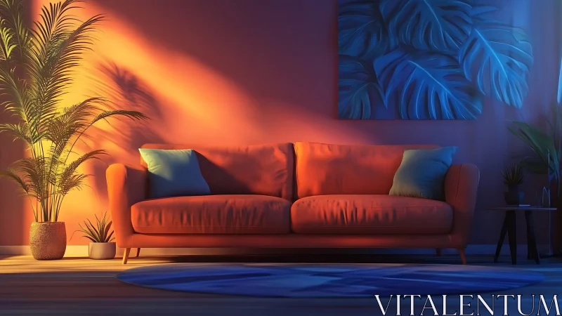 Modern orange sofa in dramatic blue and amber lighting scheme.