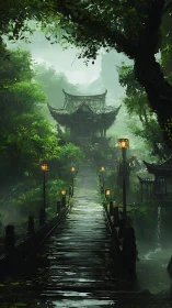 Rain-soaked forest bridge leads to a misty distant temple