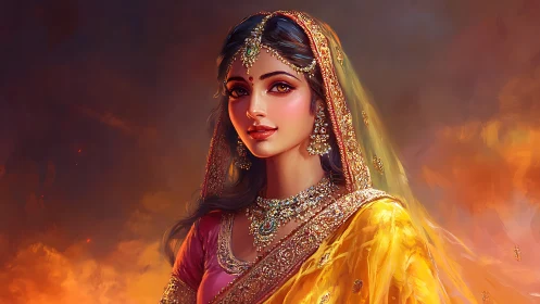 Digital painting of ornate bridal portrait with warm bokeh glow.