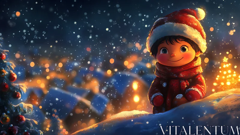 Child in Santa hat smiling in snowy Christmas village night