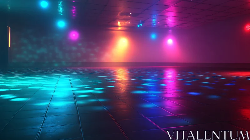 Neon dance floor glows under colorful atmospheric lights.