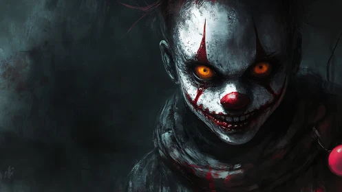 Sinister clown emerges from darkness with burning golden eyes