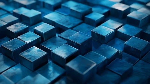 Chromatic blue metal cubes rising in rhythmic digital waves.