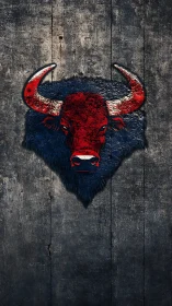 Textured red bull emblem on distressed wooden planks surface.